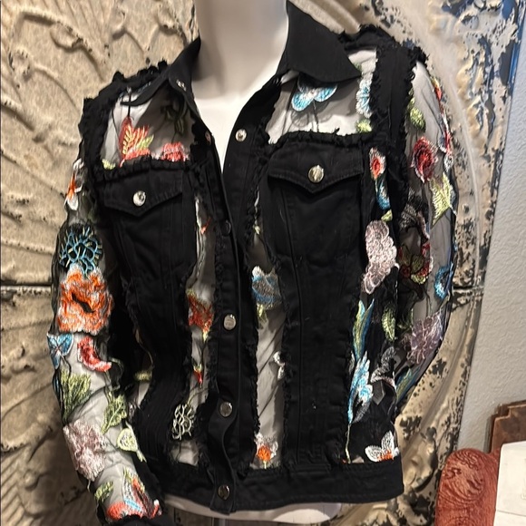 Adore Black Mesh Jean Jacket with Vibrant Embroidery - Picture 14 of 16